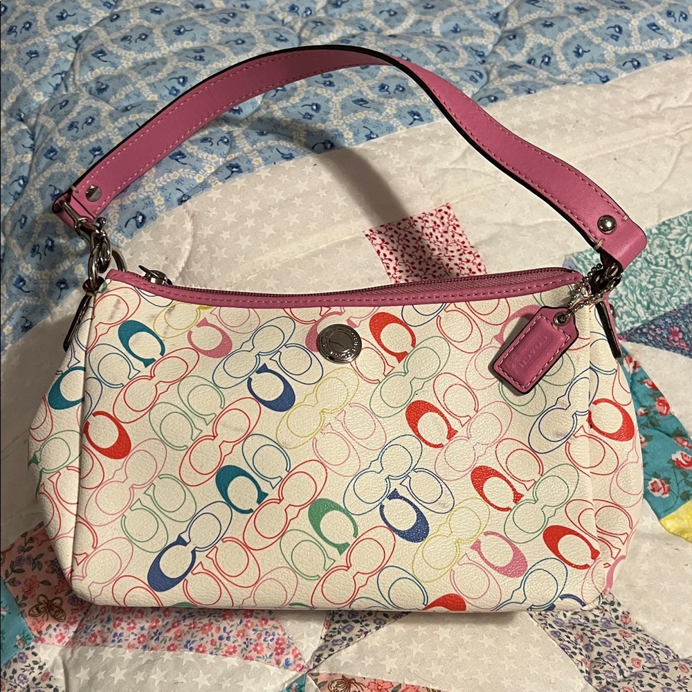 Coach Multicolor Signature Shoulder Bag with Pink Trim